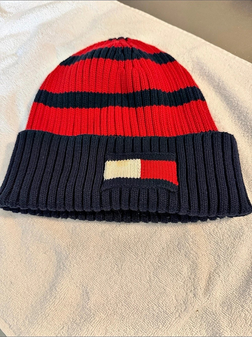 Tommy Hilfiger Flag Logo Rib-Knit Beanie Red & Blue